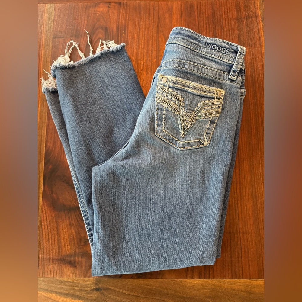 Vigoss Crop Straight raw hem blue denim jeans size 10 Euc - Picture 3 of 9